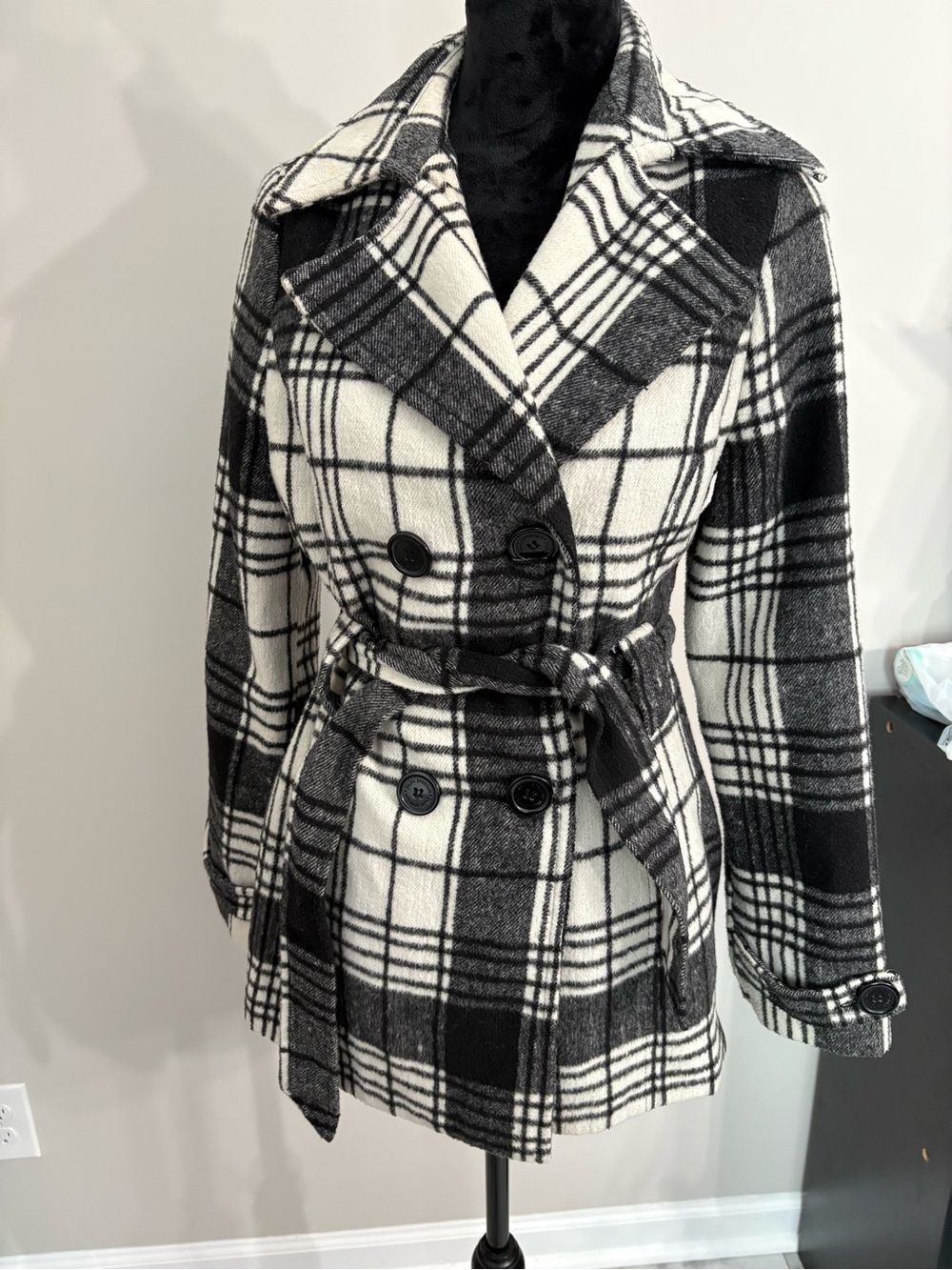 Jou Jou Black & White Plaid Double-Breasted Belted Peacoat - Picture 2 of 10